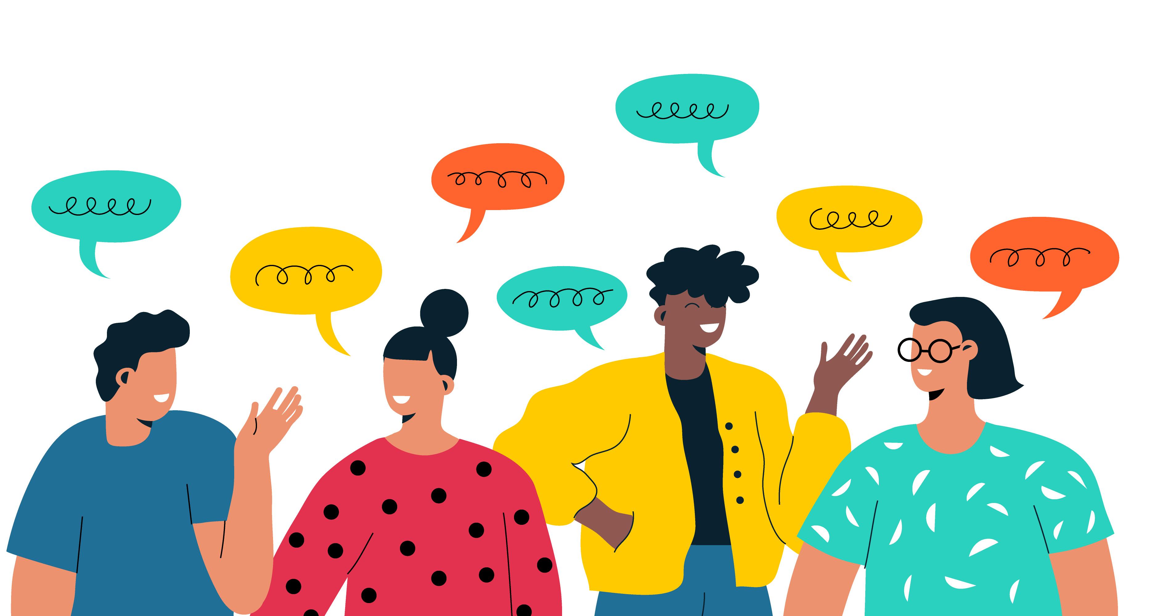 Cartoon-style illustration of adults talking with speech bubbles. Accessed on freepik.com.